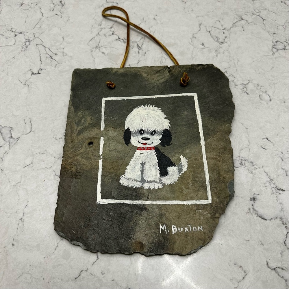Hand Painted Slate Roof Tile White Black Dog Painting Hanging Artwork